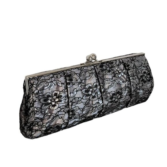 Express Clutch Evening Bag Black Silver Lace Kiss Lock Rectangular Whimsigoth - Picture 1 of 9